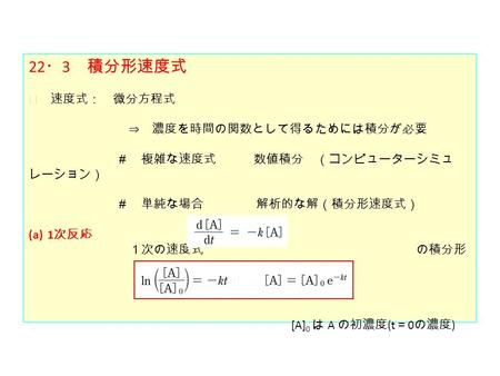 22 ・ 3 積分形速度式 ◎ 速度式： 微分方程式 ⇒ 濃度を時間の関数として得るためには積分が必要 ＃ 複雑な速度式 数値積分 （コンピューターシミュ レーション） ＃ 単純な場合 解析的な解（積分形速度式） (a)1 次反応 １次の速度式 の積分形 [A] 0 は A の初濃度 (t ＝ 0 の濃度.