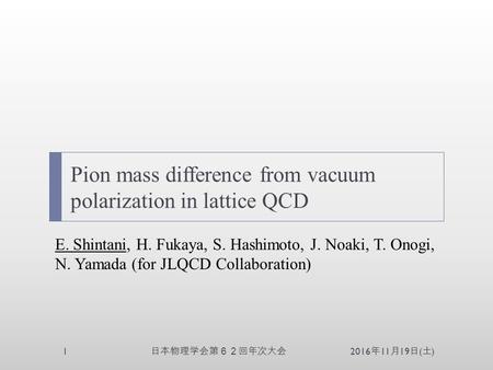 Pion mass difference from vacuum polarization in lattice QCD E. Shintani, H. Fukaya, S. Hashimoto, J. Noaki, T. Onogi, N. Yamada (for JLQCD Collaboration)
