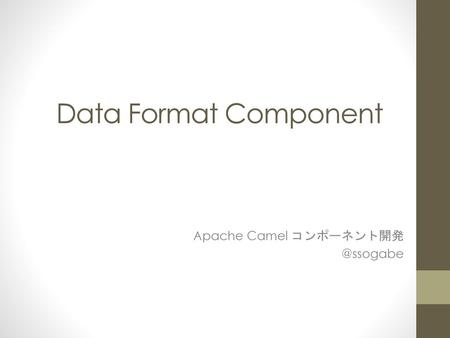 Apache Camel コンポーネント開発 @ssogabe Data Format Component Apache Camel コンポーネント開発 @ssogabe.