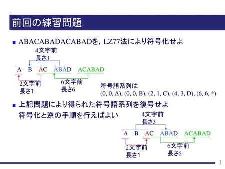 前回の練習問題 ABACABADACABADを，LZ77法により符号化せよ 上記問題により得られた符号語系列を復号せよ