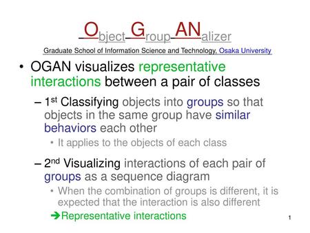 Object Group ANalizer Graduate School of Information Science and Technology, Osaka University OGAN visualizes representative interactions between a pair.