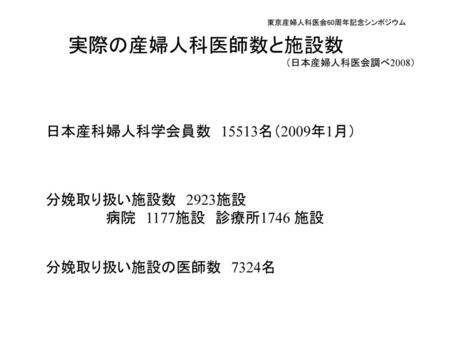 実際の産婦人科医師数と施設数 日本産科婦人科学会員数 15513名（2009年1月） 分娩取り扱い施設数 2923施設