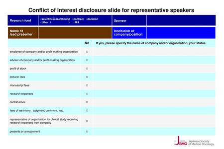 Conflict of Interest disclosure slide for representative speakers