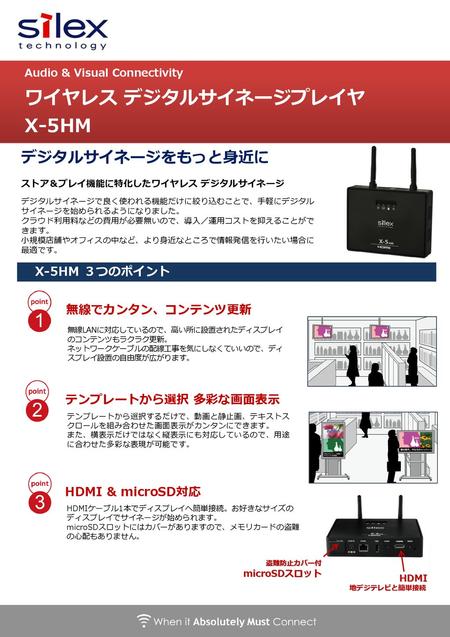 ワイヤレス デジタルサイネージプレイヤ X-5HM デジタルサイネージをもっと身近に X-5HM ３つのポイント