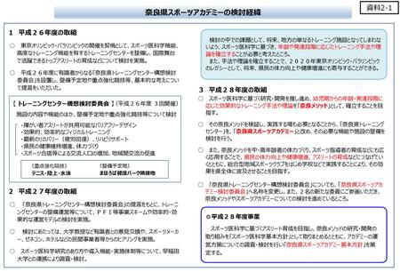 奈良県スポーツアカデミーの検討経緯 資料2-1 １ 平成２６年度の取組 ３ 平成２８年度の取組 ２ 平成２７年度の取組