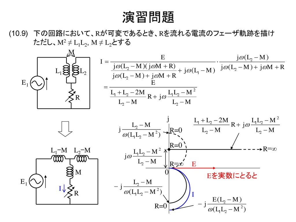 演習問題 (10.9) 下の回路において、Rが可変であるとき、Rを流れる電流のフェーザ軌跡を描け