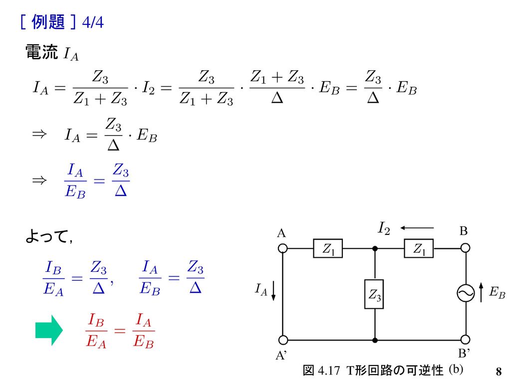 ［ 例題 ］ 4/4 電流 よって， 図 4.17 T形回路の可逆性 (b)