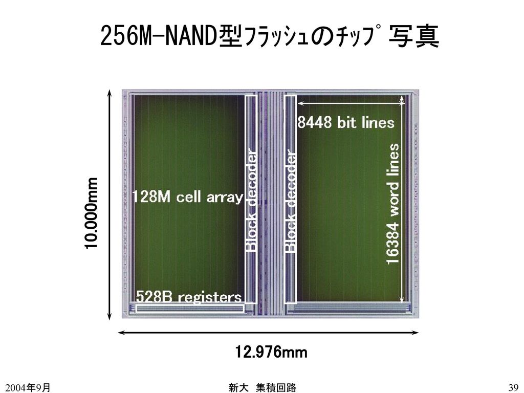 256M-NAND型ﾌﾗｯｼｭのﾁｯﾌﾟ写真 mm mm 2004年9月 新大 集積回路