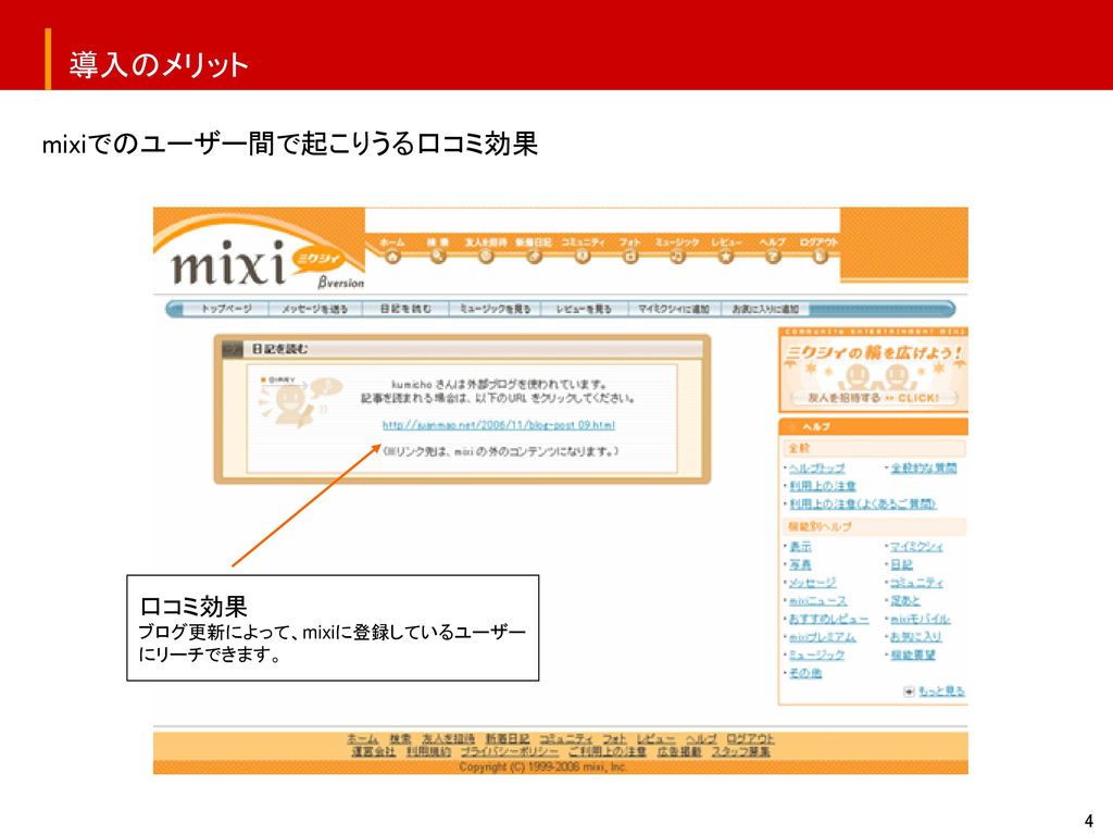導入のメリット mixiでのユーザー間で起こりうる口コミ効果 口コミ効果 ブログ更新によって、mixiに登録しているユーザー