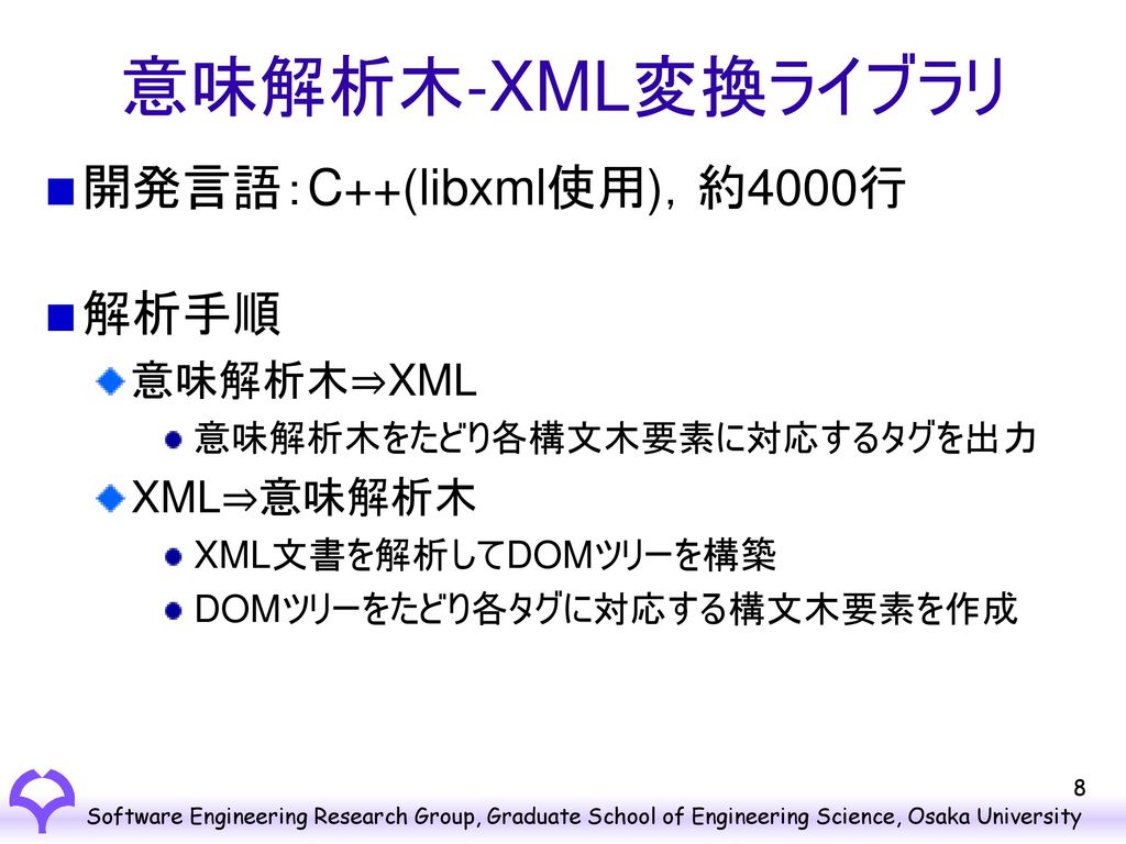 XMLデータベースの検証 ファイルサイズ 解析時間(意味解析木構築まで) ソースプログラム 25MB XMLデータベース 62MB