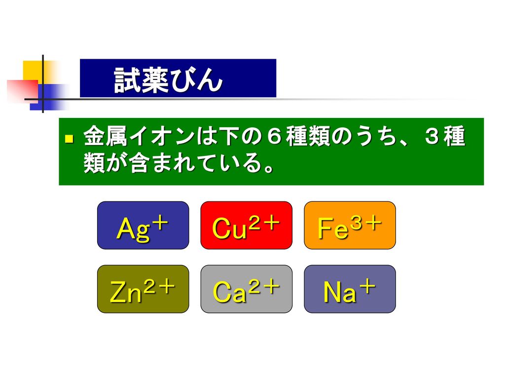 試薬びん 試薬びん 金属イオンは下の６種類のうち、３種類が含まれている。 Ag＋ Cu２＋ Fe３＋ Zn２＋ Ca２＋ Na＋