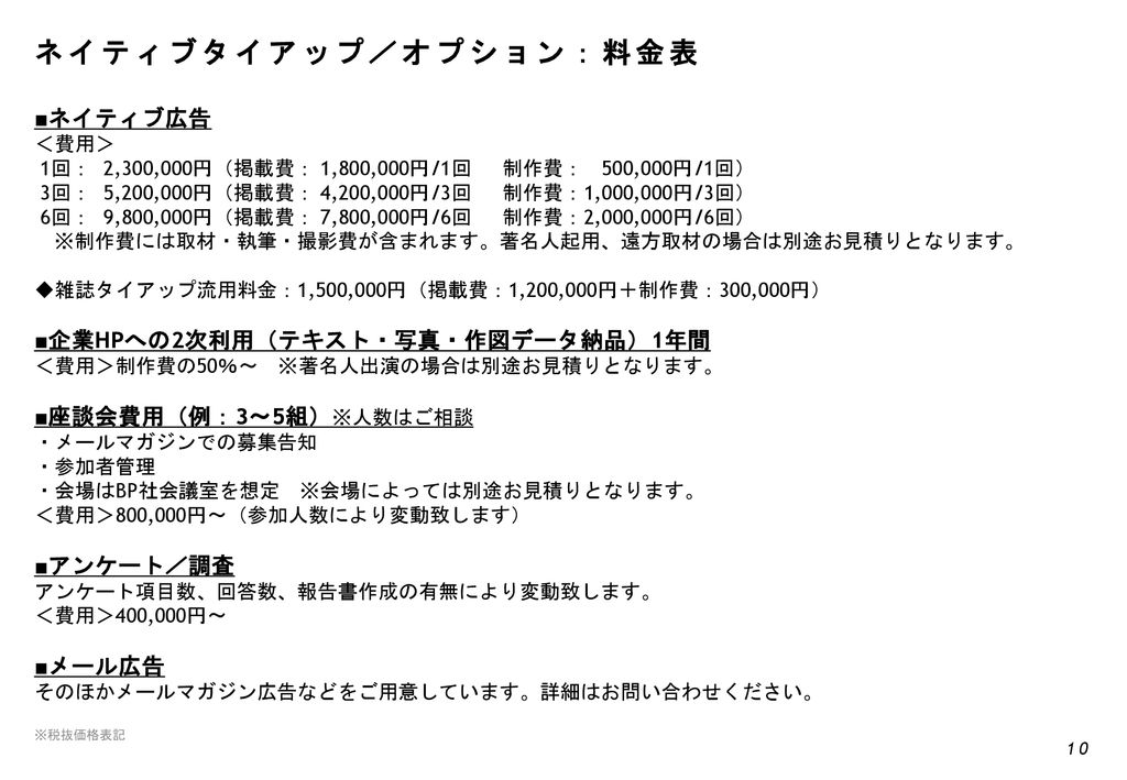 ネイティブタイアップ／オプション：料金表