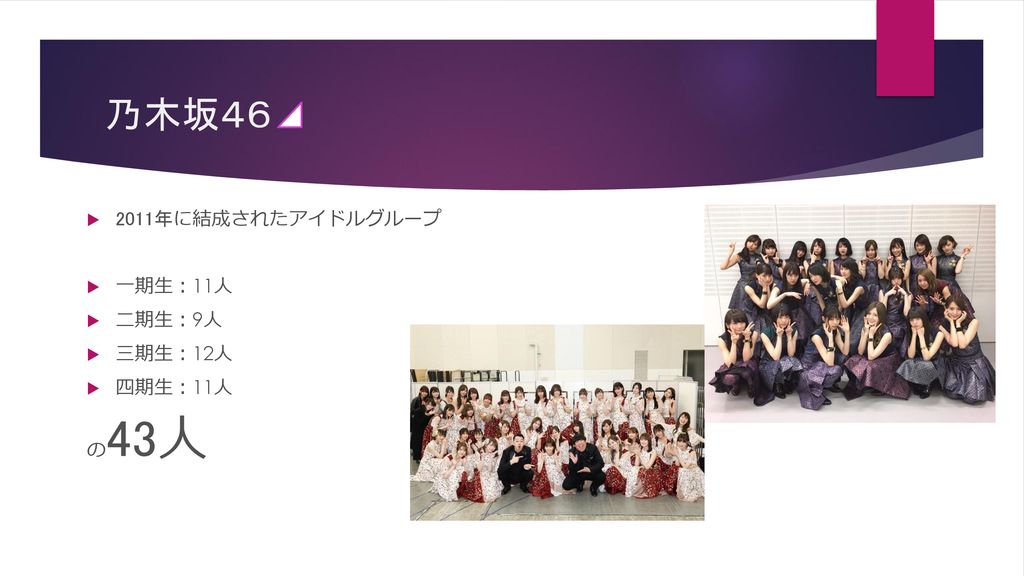 乃木坂４６ 2011年に結成されたアイドルグループ 一期生：11人 二期生：9人 三期生：12人 四期生：11人 の43人