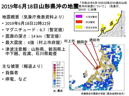 2019年6月18日山形県沖の地震 地震概要（気象庁発表資料より） 2019年6月18日22時22分 マグニチュード：6.7（暫定値）