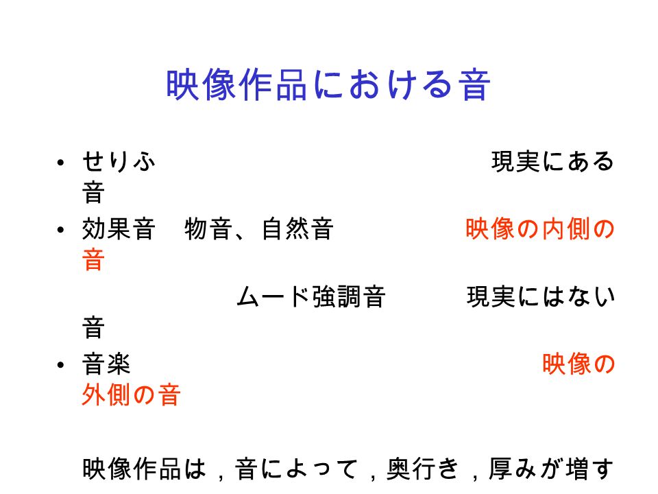 映像作品における音 せりふ 現実にある 音 効果音 物音 自然音 映像の内側の 音 ムード強調音 現実にはない 音 音楽 映像の 外側の音 映像作品は 音によって 奥行き 厚みが増す 平面 立体 表現が豊かになる Ppt Download