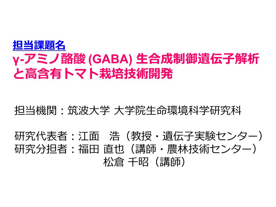 担当課題名 G アミノ酪酸 Gaba 生合成制御遺伝子解析 と高含有トマト栽培技術開発 担当機関 筑波大学 大学院生命環境科学研究科 研究代表者 江面 浩 教授 遺伝子実験センター 研究分担者 福田 直也 講師 農林技術センター 松倉 千昭 講師 Ppt Download