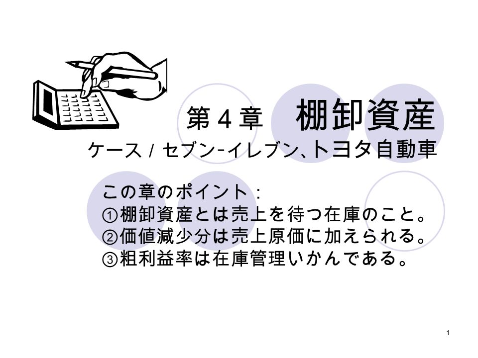 1 第４章 棚卸資産 ケース セブンｰイレブン トヨタ自動車 この章のポイント 棚卸資産とは売上を待つ在庫のこと 価値減少分は売上原価に加えられる 粗利益率は在庫管理いかんである Ppt Download