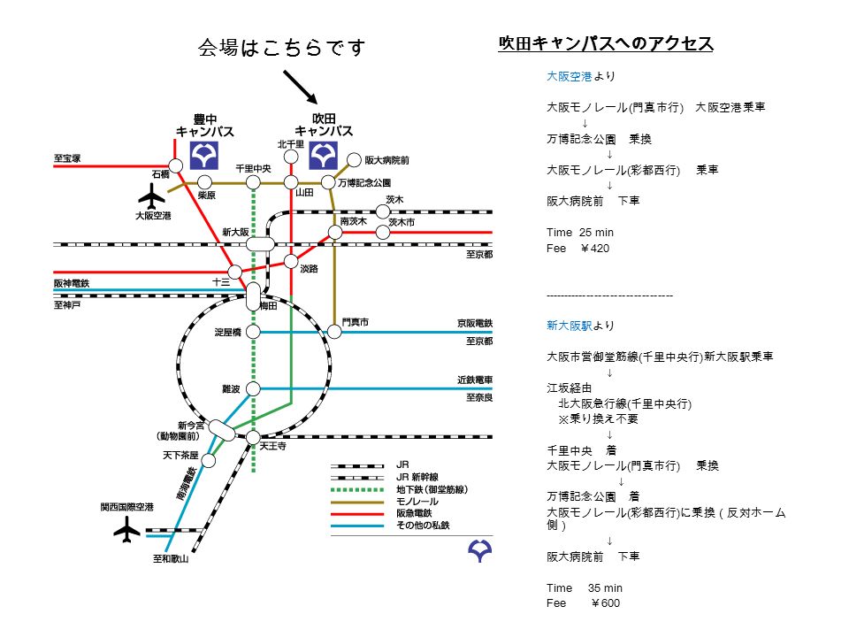 大阪空港より 大阪モノレール 門真市行 大阪空港乗車 万博記念公園 乗換 大阪モノレール 彩都西行 乗車 阪大病院前 下車 Time 25 Min Fee 新大阪駅より 大阪市営御堂筋線 千里中央行 Ppt Download