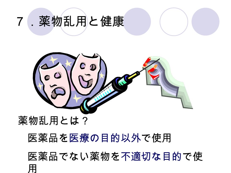 薬物乱用とは 医薬品を医療の目的以外で使用 医薬品でない薬物を不適切な目的で使 用 ７ 薬物乱用と健康 Ppt Download