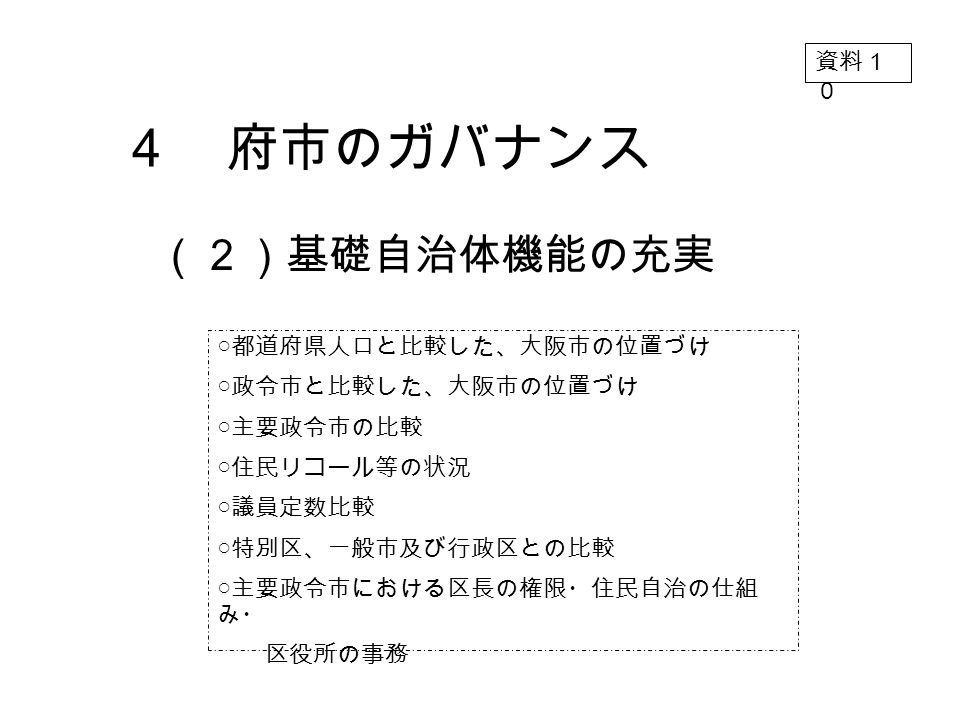 ４ 府市のガバナンス ２ 基礎自治体機能の充実 都道府県人口と比較した 大阪市の位置づけ 政令市と比較した 大阪市の位置づけ 主要政令市の比較 住民リコール等の状況 議員定数比較 特別区 一般市及び行政区との比較 主要政令市における区長の