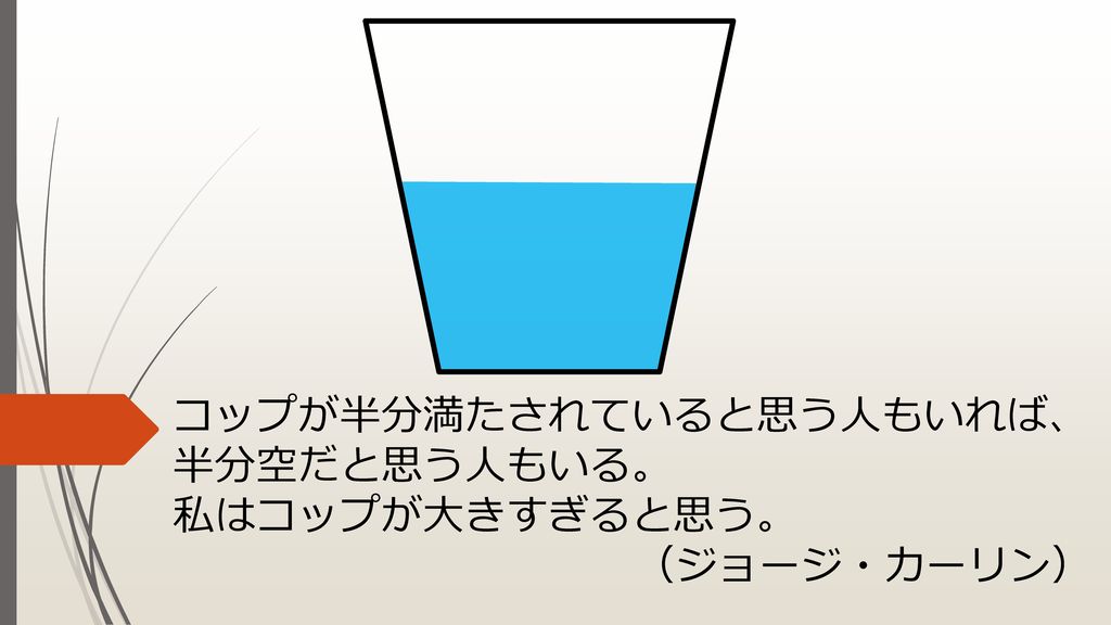 コップが半分満たされていると思う人もいれば 半分空だと思う人もいる 私はコップが大きすぎると思う ジョージ カーリン Ppt Download