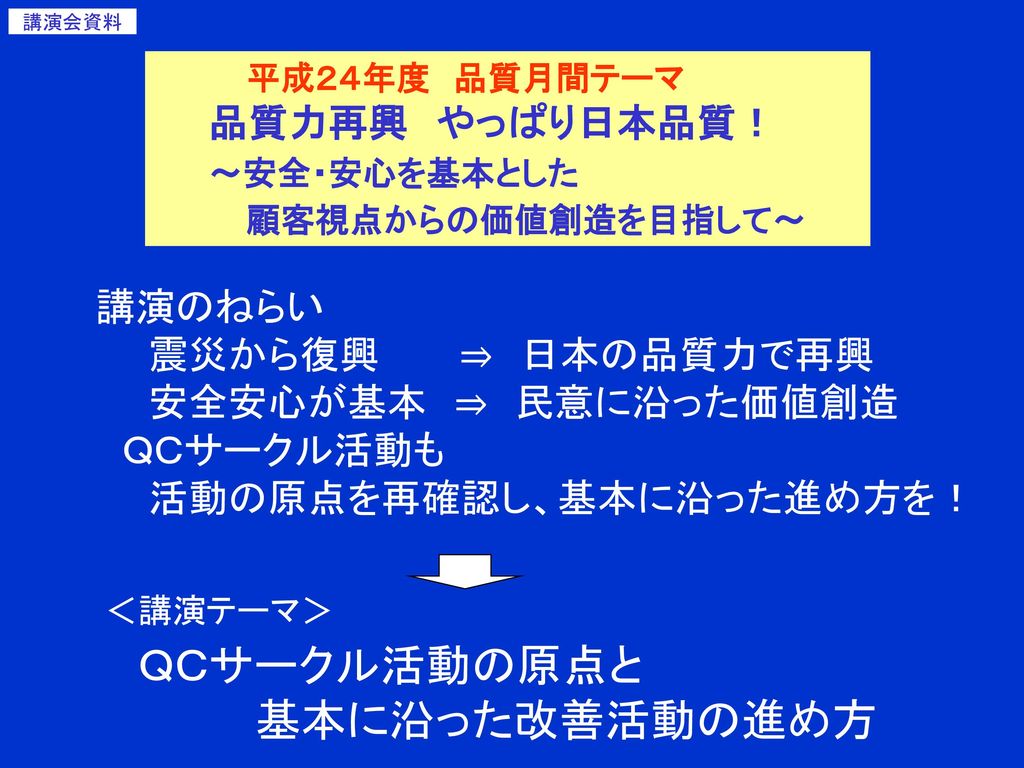 講演会資料 平成２４年度 品質月間テーマ 品質力再興 やっぱり日本品質 安全 安心を基本とした 顧客視点からの価値創造を目指して Ppt Download