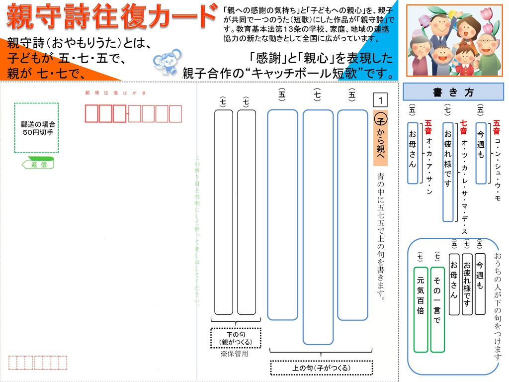 親守詩往復カード 親守詩 おやもりうた とは 子どもが 五 七 五で 親が 七 七で 感謝 と 親心 を表現した Ppt Download