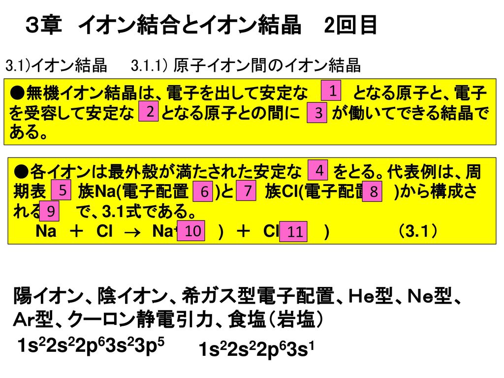 ３章 イオン結合とイオン結晶 2回目 陽イオン 陰イオン 希ガス型電子配置 ｈｅ型 ｎｅ型 ａｒ型 クーロン静電引力 食塩 岩塩 Ppt Download