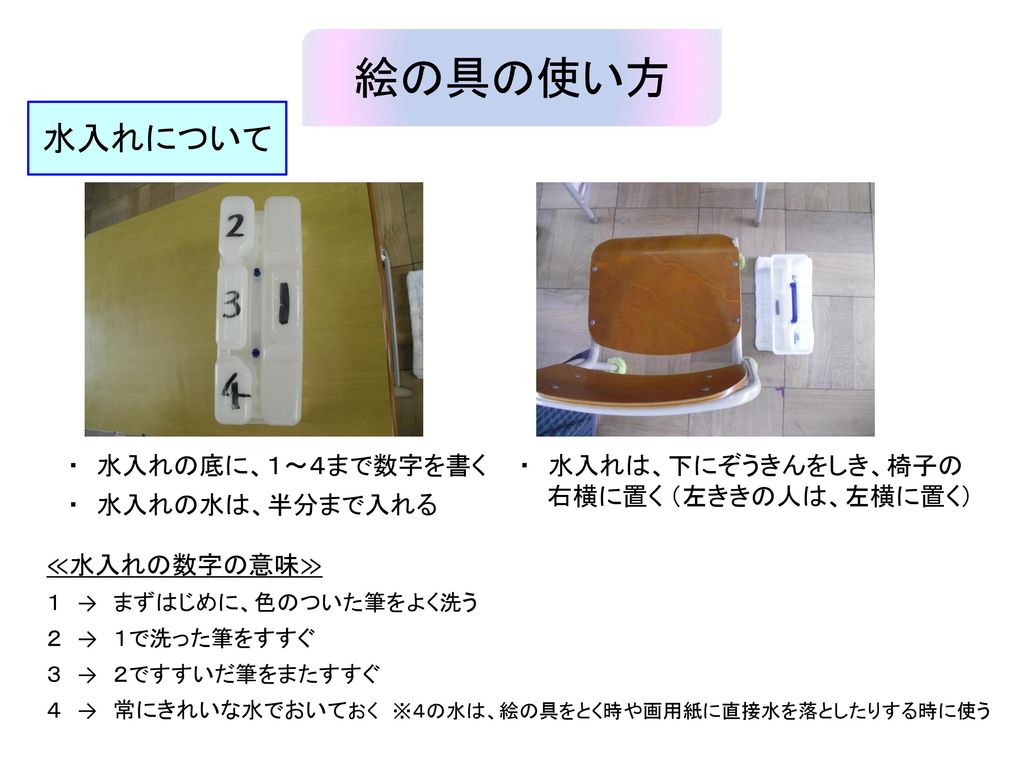 絵の具の使い方 水入れについて 水入れの底に １ ４まで数字を書く 水入れの水は 半分まで入れる Ppt Download