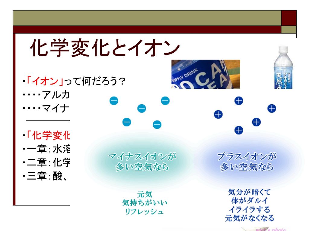 化学変化とイオン イオン って何だろう アルカリイオン飲料 マイナスイオンで健康に 化学変化 とはどういう関係 Ppt Download