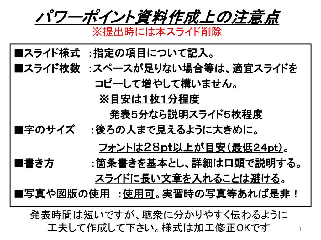 パワーポイント資料作成上の注意点 提出時には本スライド削除 スライド様式 指定の項目について記入 Ppt Download