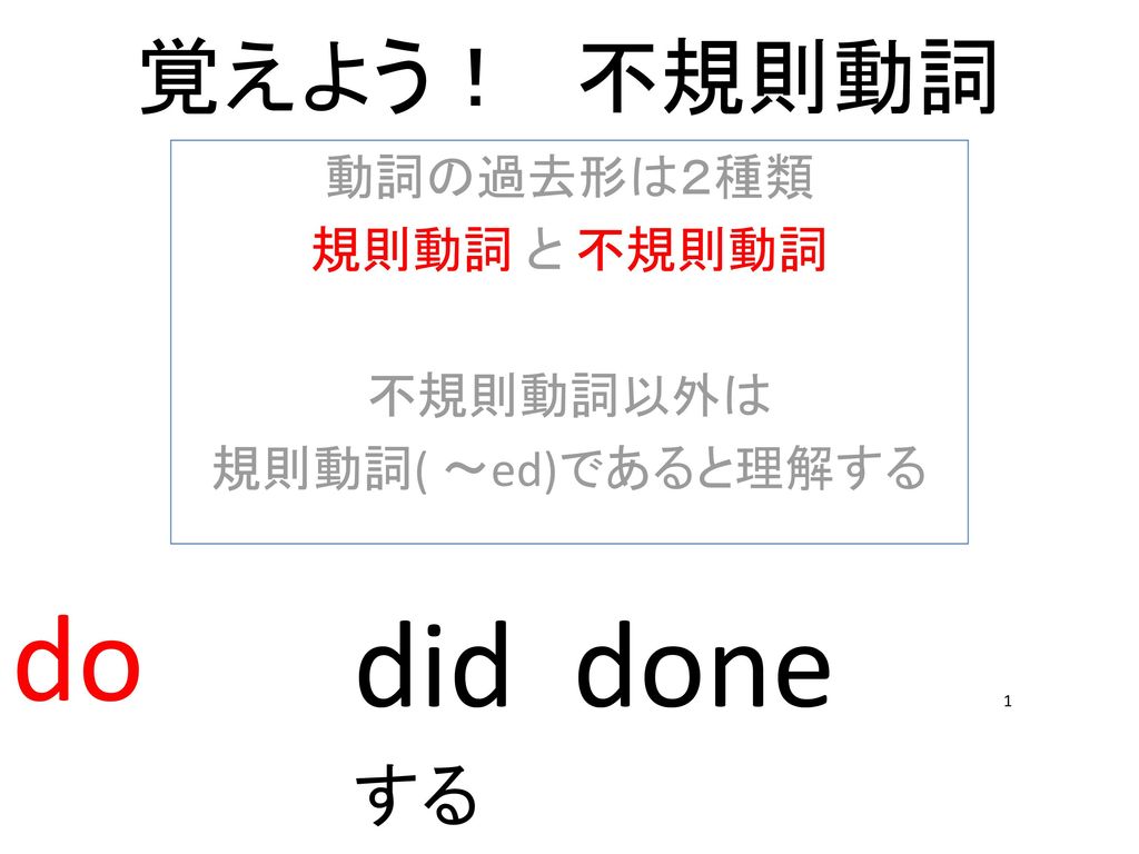 動詞の過去形は２種類 規則動詞 と 不規則動詞 不規則動詞以外は 規則動詞 Ed であると理解する Ppt Download