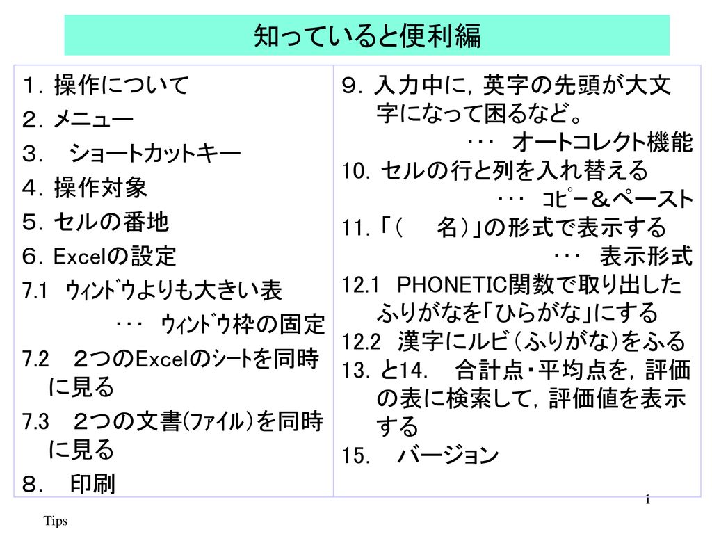 知っていると便利編 １ 操作について ２ メニュー ３ ショートカットキー ４ 操作対象 ５ セルの番地 ６ Excelの設定 7 1 ｳｨﾝﾄﾞｳよりも大きい表 ｳｨﾝﾄﾞｳ枠の固定 7 2 ２つのexcelのｼｰﾄを同時に見る 7 3 ２つの文書 ﾌｧｲﾙ を同時に見る ８ 印刷 ９ 入力中