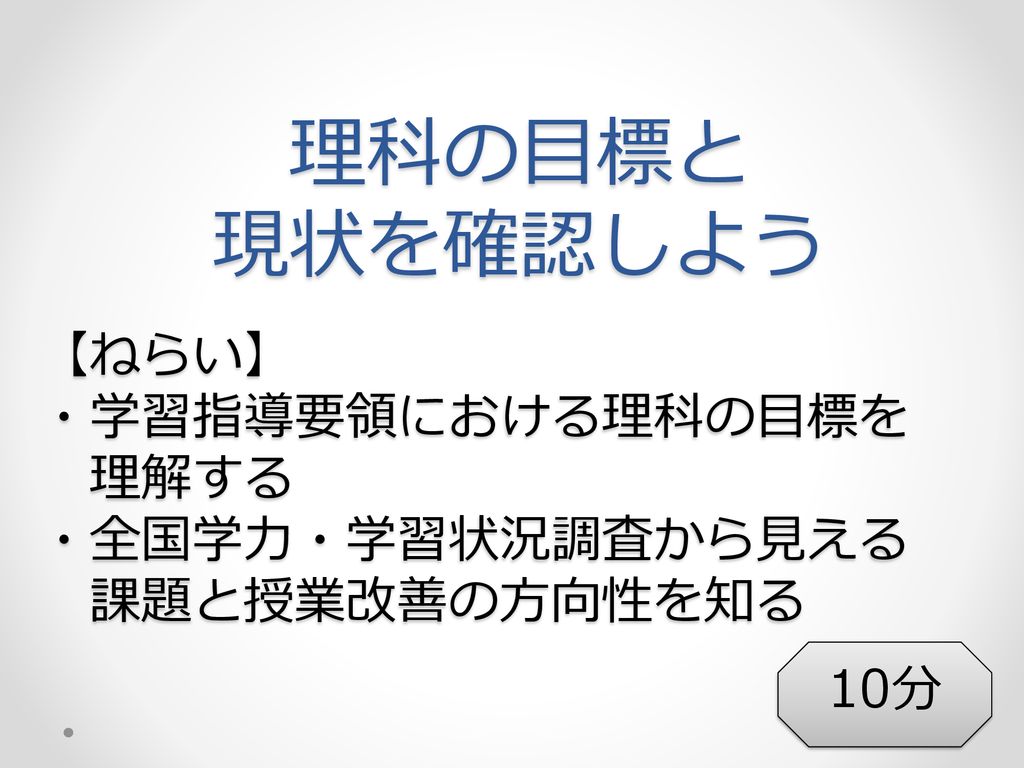 理科の目標と 現状を確認しよう ねらい 学習指導要領における理科の目標を 理解する 全国学力 学習状況調査から見える Ppt Download