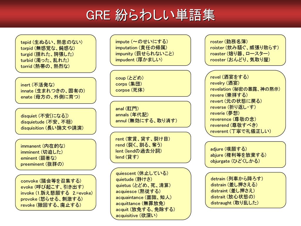 Gre 紛らわしい単語集 Tepid 生ぬるい 熱意のない Torpid 無感覚な 鈍感な Turgid 腫れた 誇張した Ppt Download