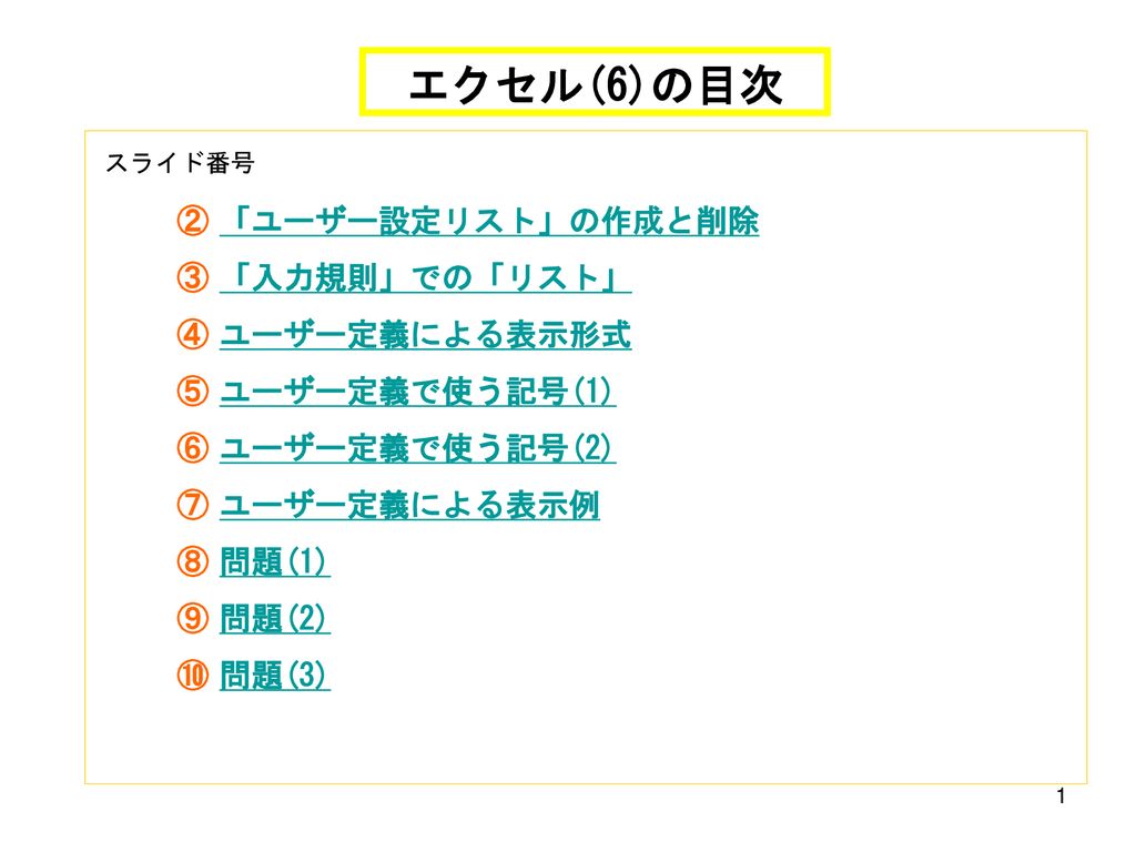 エクセル 6 の目次 ユーザー設定リスト の作成と削除 入力規則 での リスト ユーザー定義による表示形式 Ppt Download