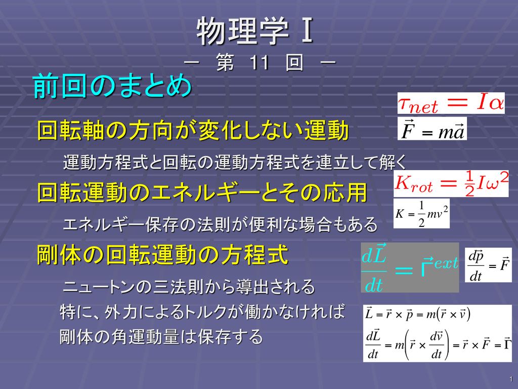 物理学 第 11 回 前回のまとめ 回転軸の方向が変化しない運動 回転運動のエネルギーとその応用 剛体の回転運動の方程式 Ppt Download