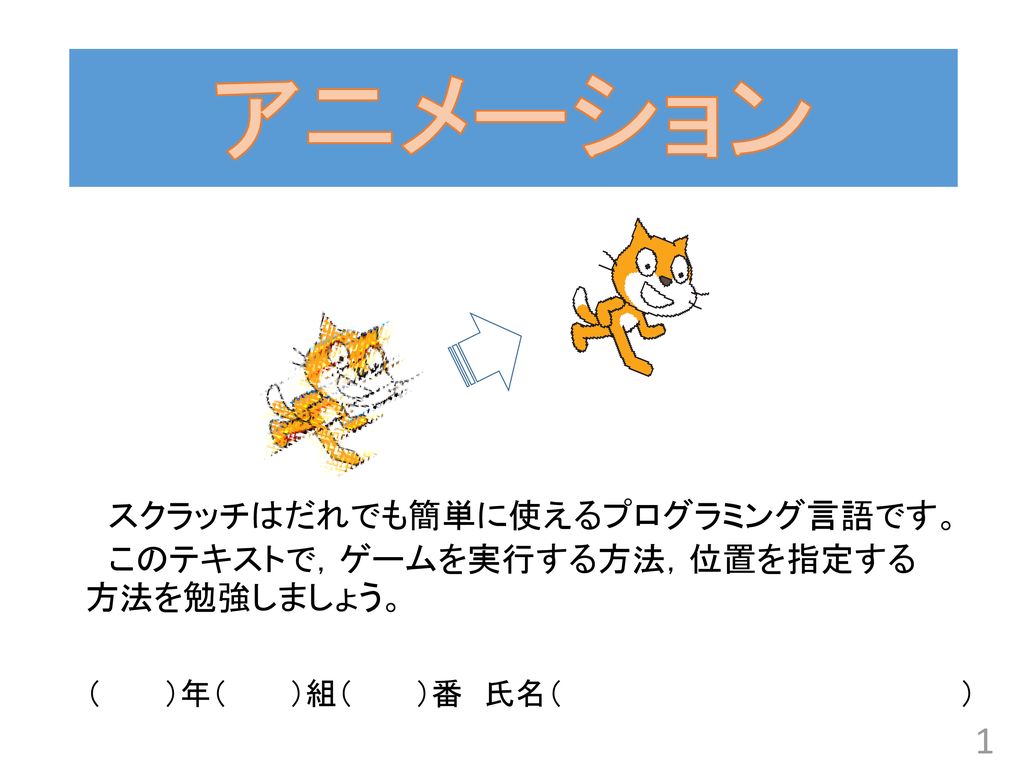 アニメーション 年 組 番 氏名 スクラッチ テキスト１ 座標と初期値 スクラッチはだれでも簡単に使えるプログラミング言語です Ppt Download