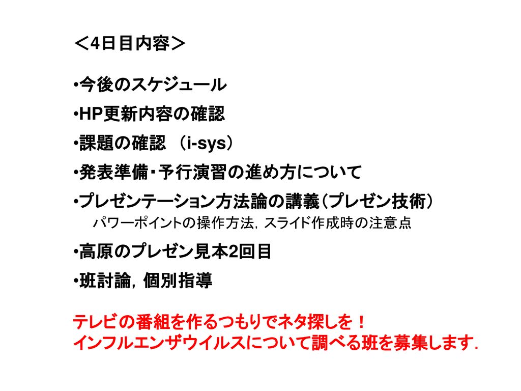 4日目内容 今後のスケジュール Hp更新内容の確認 課題の確認 I Sys 発表準備 予行演習の進め方について Ppt Download