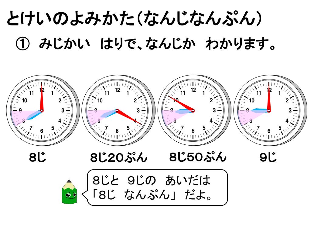 とけいのよみかた なんじなんぷん みじかい はりで なんじか わかります ８じ ８じ２０ぷん ８じ５０ぷん ９じ Ppt Download