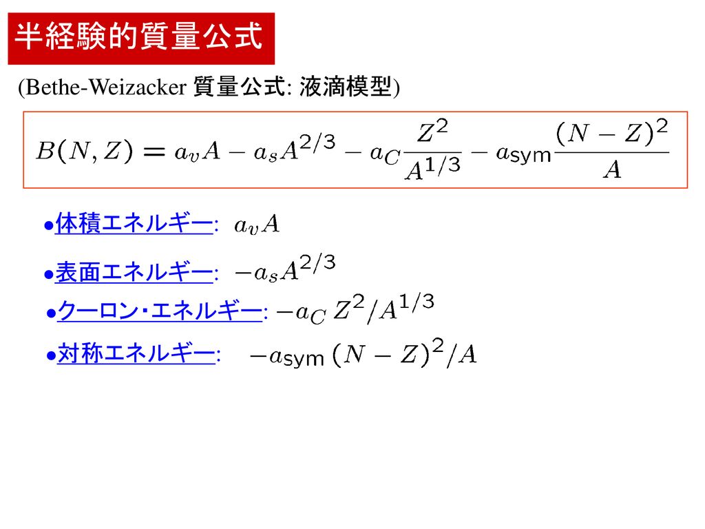 半経験的質量公式 Bethe Weizacker 質量公式 液滴模型 体積エネルギー 表面エネルギー クーロン エネルギー Ppt Download