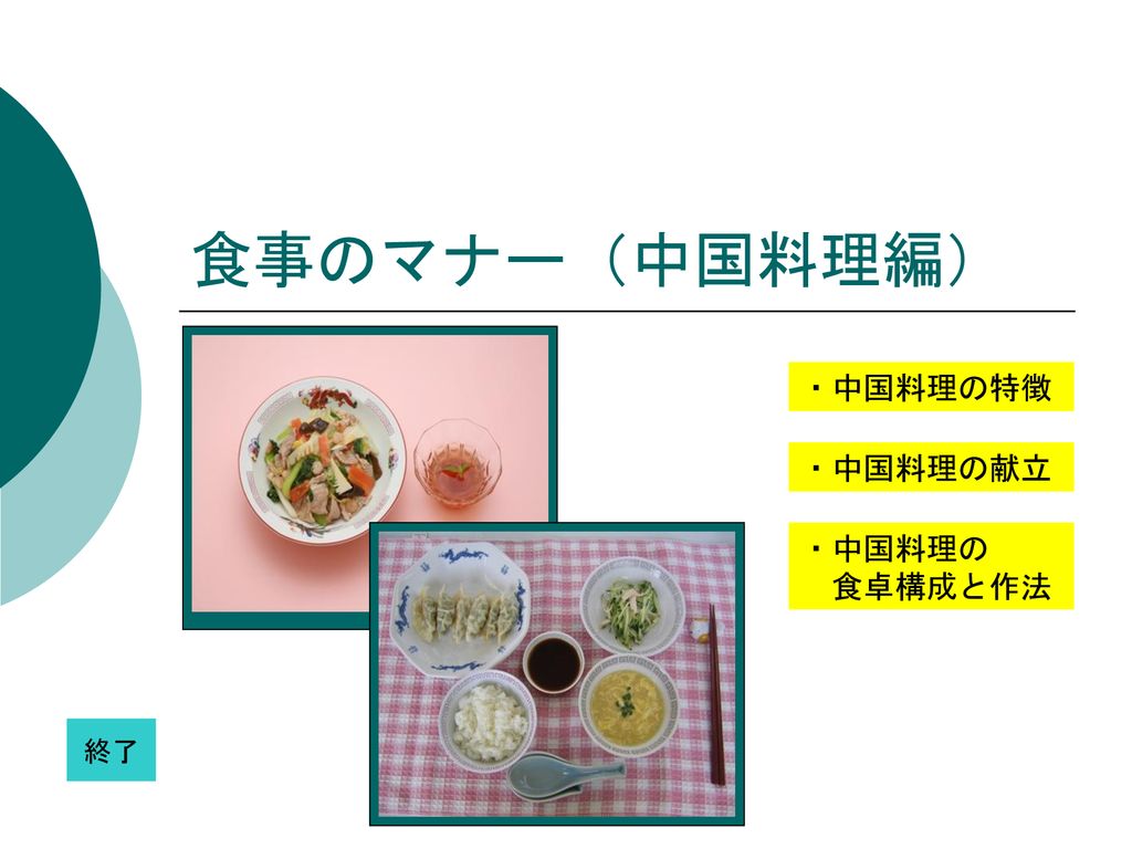 食事のマナー 中国料理編 中国料理の特徴 中国料理の献立 中国料理の 食卓構成と作法 終了 Ppt Download