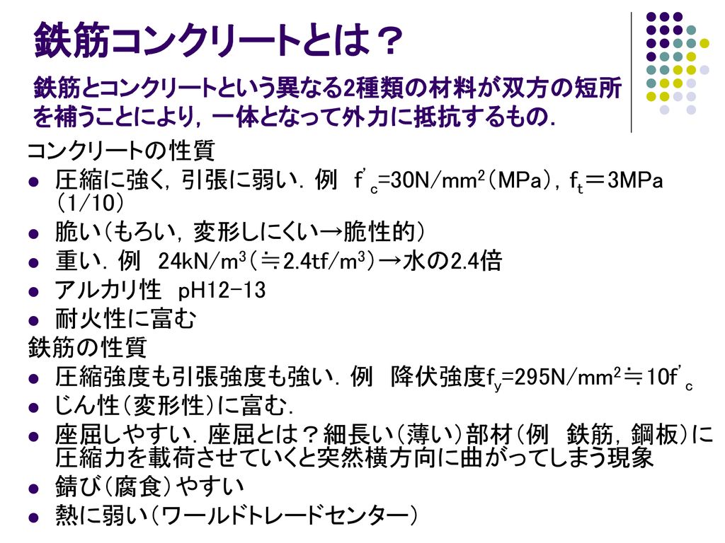 鉄筋コンクリートとは 鉄筋とコンクリートという異なる2種類の材料が双方の短所を補うことにより 一体となって外力に抵抗するもの Ppt Download