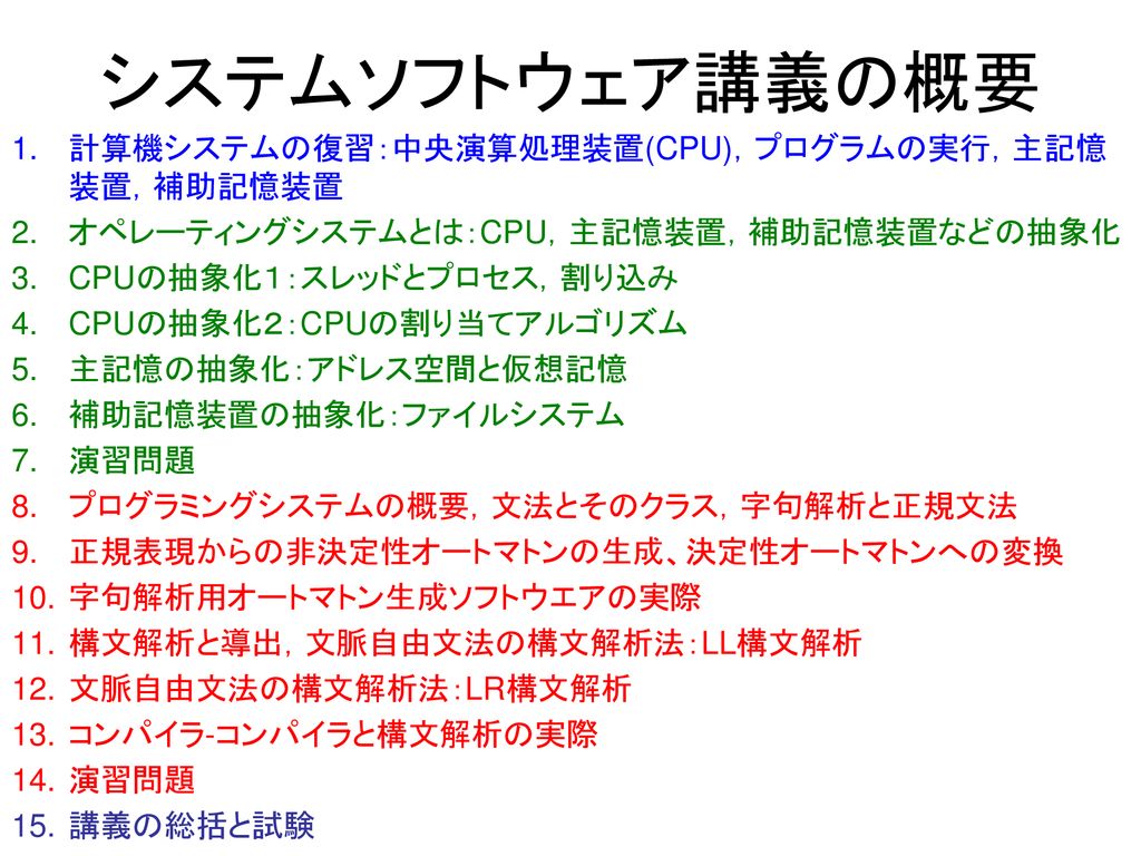 システムソフトウェア講義の概要 計算機システムの復習 中央演算処理装置 Cpu プログラムの実行 主記憶装置 補助記憶装置 Ppt Download