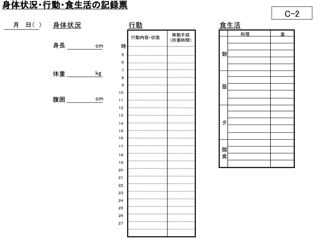 身体状況 行動 食生活の記録票 C 2 身体状況 行動 食生活 月 日 身長 Cm 体重 Kg 腹囲 Cm 時 朝 昼 夕 間 食 Ppt Download