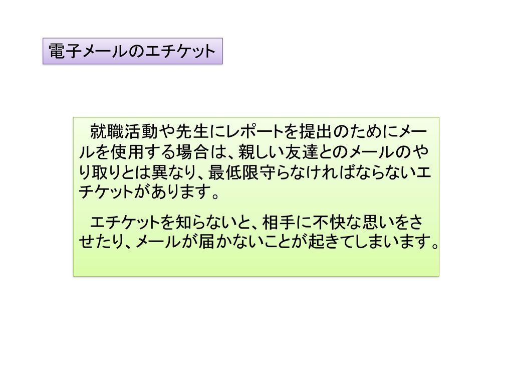 電子メールのエチケット 就職活動や先生にレポートを提出のためにメー ルを使用する場合は 親しい友達とのメールのや り取りとは異なり 最低限守ら なければならないエ チケットがあります エチケットを知らないと 相手に不快な思いをさ せたり メールが届かないこと