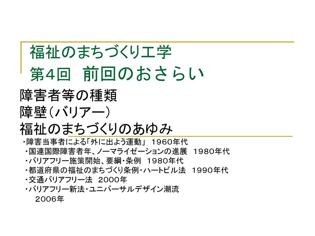 福祉のまちづくり工学 第４回 前回のおさらい 障害者等の種類 障壁 バリアー 福祉のまちづくりのあゆみ Ppt Download