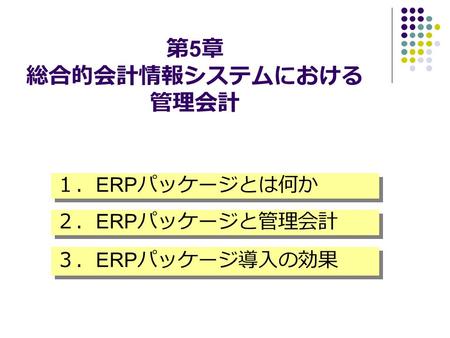 第 5 章 総合的会計情報システムにおける 管理会計 １． ERP パッケージとは何か ２． ERP パッケージと管理会計 ３． ERP パッケージ導入の効果.