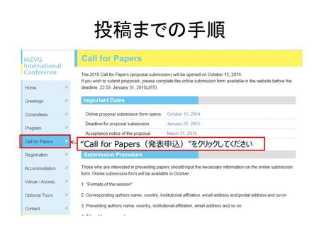 投稿までの手順 “Call for Papers（発表申込）”をクリックしてください.