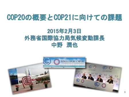 COP20の概要とCOP21に向けての課題 2015年2月3日 外務省国際協力局気候変動課長 中野　潤也.